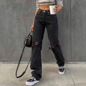 Zara Black Distressed High Rise Jeans
